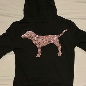 PINK Victoria's Secret Black & Gold Sequence 1/4 Zip-Up Hoodie Sweater Medium